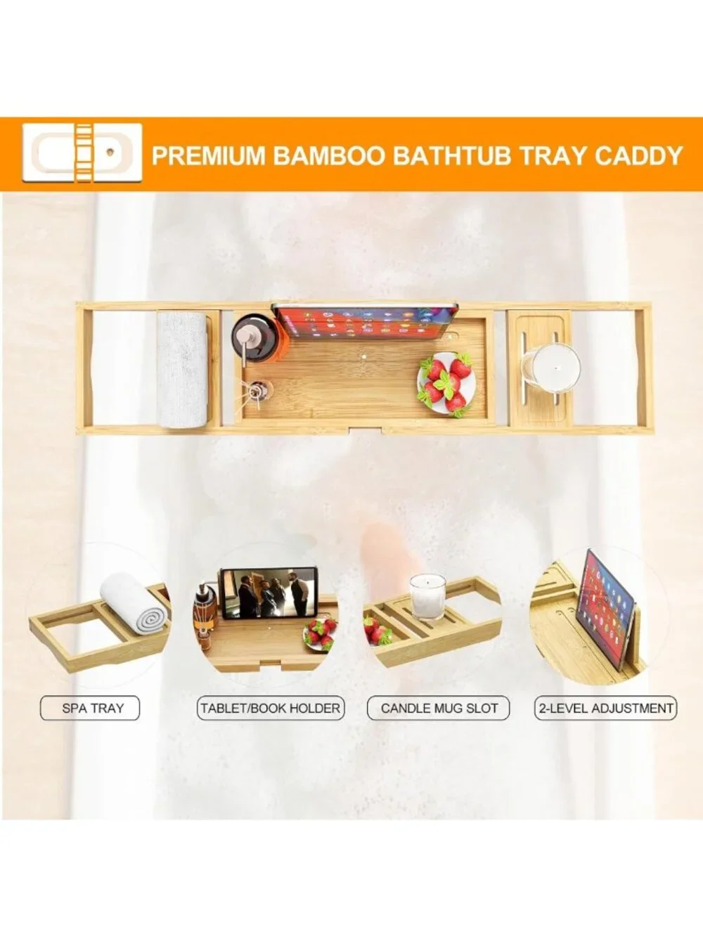 Expandable Bamboo Bathtub Tray - Adjustable Wooden Bath Table for Relaxation